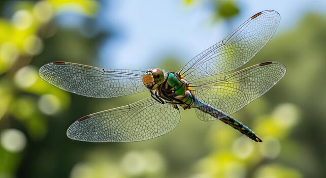 Close-up of a vibrant green dragonfly in flight with wings spread wide. photo