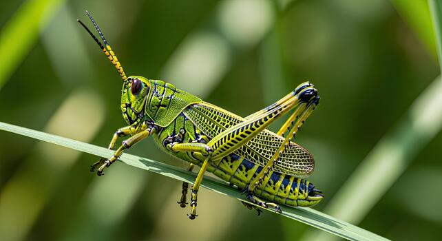 de cerca de un vibrante verde saltamontes encaramado en un espada de césped en un natural ajuste. foto