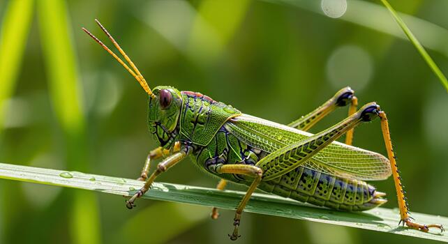 Close-up of a vibrant green grasshopper perched on a blade of grass in its natural habitat. photo