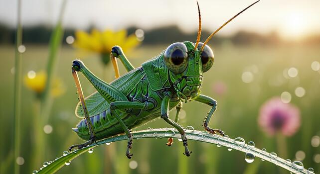 Close-up of a vibrant green grasshopper perched on a dew-kissed blade of grass in a sunlit meadow. photo