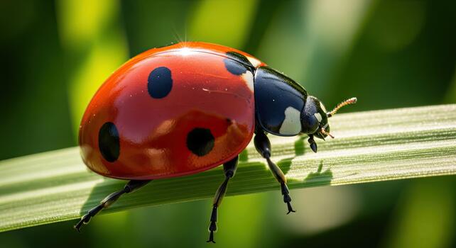 de cerca de un vibrante mariquita en un verde hoja en naturaleza. foto