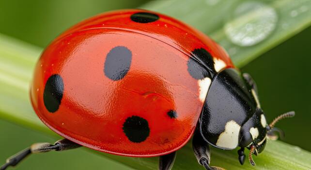 Close-up of a vibrant red ladybug with black spots on a green leaf with a water droplet. photo