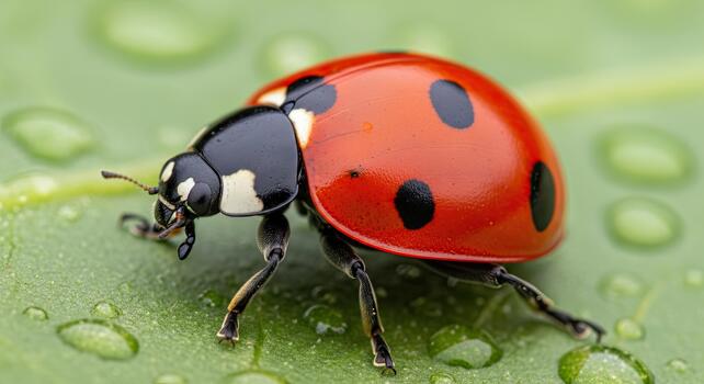 de cerca de un vibrante rojo mariquita con negro lugares en un verde hoja. foto