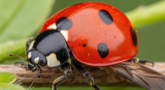 de cerca de un vibrante rojo mariquita con negro lugares descansando en un verde hoja en naturaleza. foto