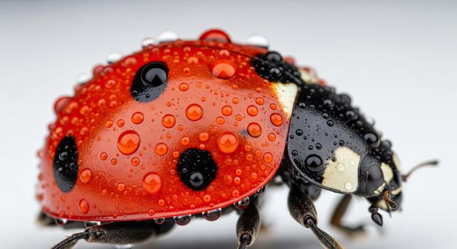 Close-up of a vibrant red ladybug with water droplets on its shell. photo