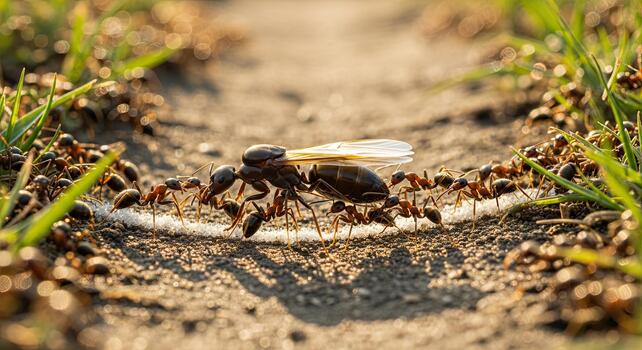 Close-up of an ant carrying food on a dirt path surrounded by grass. photo