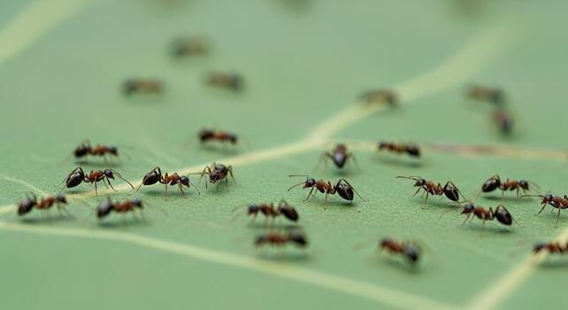 Close-up of Ants on a Green Surface, Detailed Insect Study. photo