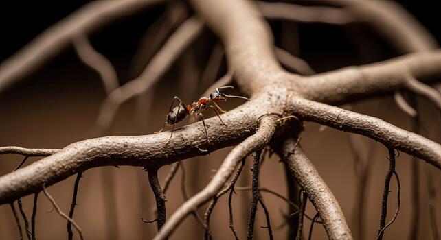 Close-up of Ant on Tree Roots in Nature. photo