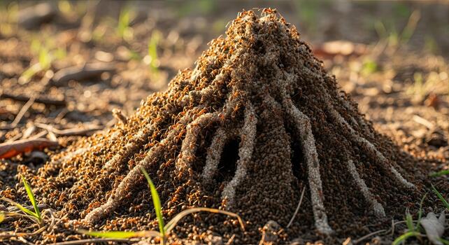 Close-up of an anthill in a grassy field, showcasing ant colony. photo