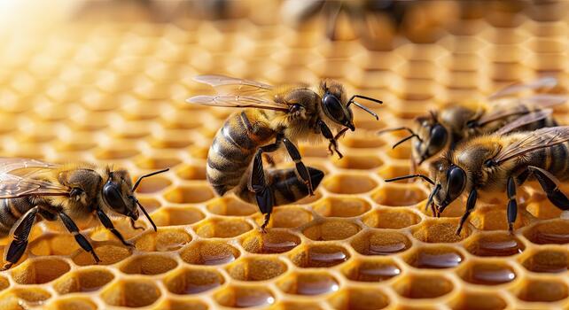 Close-up of honey bees working on a honeycomb, collecting nectar and producing honey in a beehive. photo