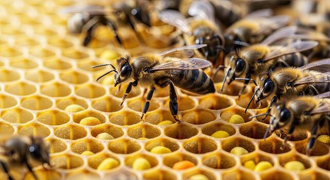 Close-up of honey bees working on a honeycomb with stored pollen and honey. photo