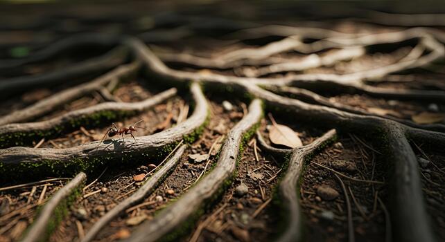 Close-up of tree roots on forest floor, natural textures. photo