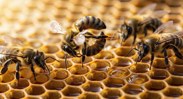 Close-up of Honey Bees Working on a Honeycomb. photo