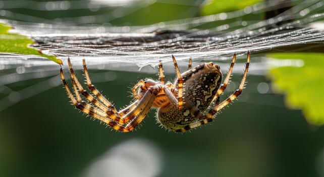 Close-up view of a spider hanging upside down on a web. photo