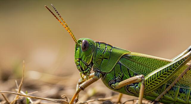 Detailed macro view of a vibrant green grasshopper in its natural environment. photo