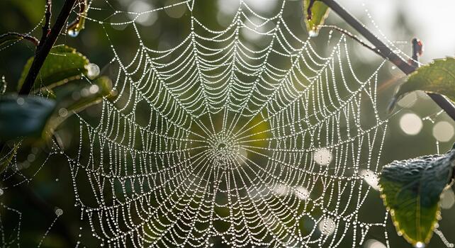 Dew drops on a spider web in the morning sun. photo