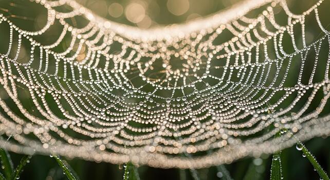 Dew Drops Adorning Intricate Spider Web in Morning Light. photo