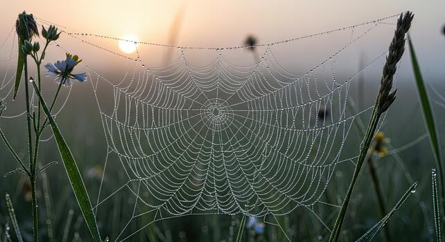 Dewdrops on a spider web at sunrise in a misty meadow. photo