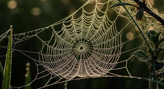 Dew-Kissed Spiderweb - A Delicate Trap in the Morning Light. photo