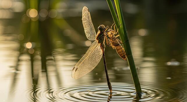 Dragonfly emerging from its nymph exoskeleton on a reed above water with ripples. photo