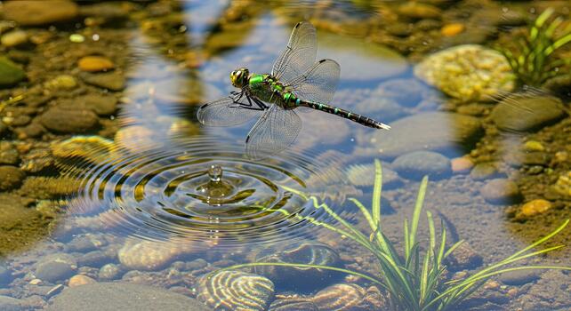 libélula flotando encima agua superficie con ondas y reflexiones foto