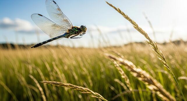 libélula en vuelo terminado un campo de dorado césped. foto