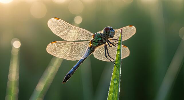 libélula encaramado en un espada de césped en el luz de sol, macro disparo. foto