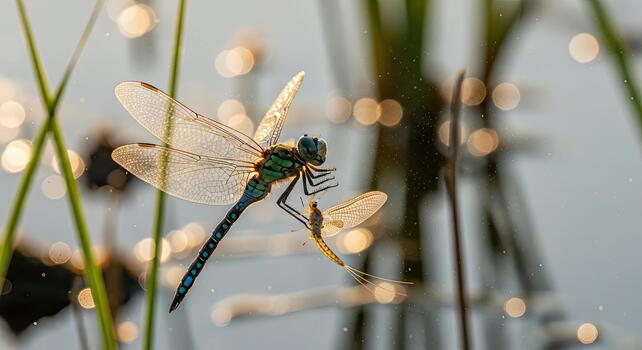 libélula encaramado en un planta vástago con borroso antecedentes. foto