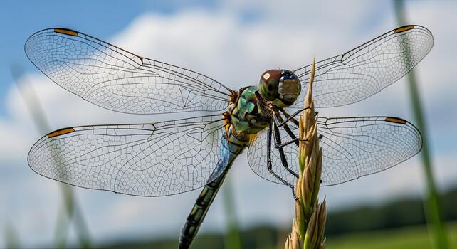libélula encaramado en un planta vástago con claro alas. foto