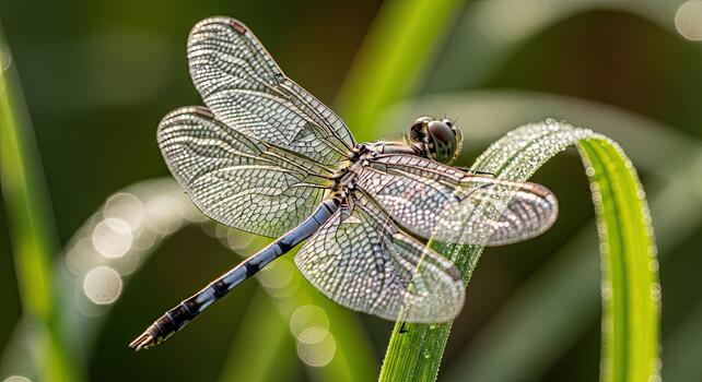 Dragonfly Perched on Green Leaf - A Detailed Macro Shot. photo