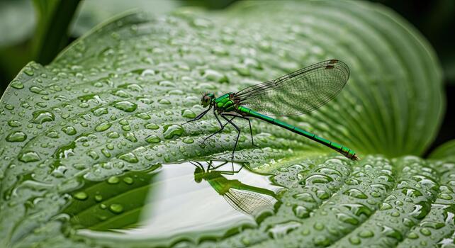libélula descansando en un vibrante verde hoja con agua gotas después lluvia. foto