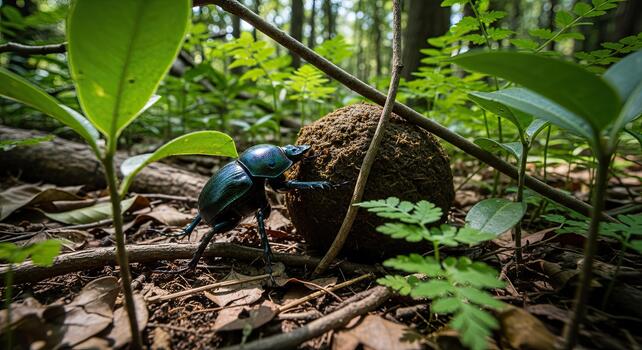 Dung Beetle Rolling Ball of Dung in Forest Floor. photo