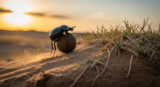 Dung beetle rolling dung ball in desert at sunset. photo
