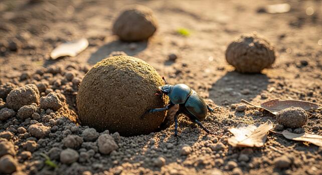 Dung beetle rolling dung ball on ground in sunlight. photo