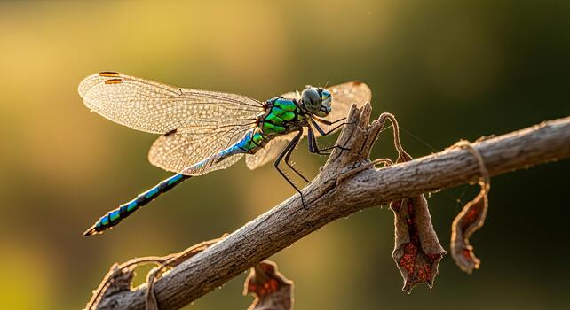 Esmeralda libélula encaramado en un ramita en dorado ligero. foto