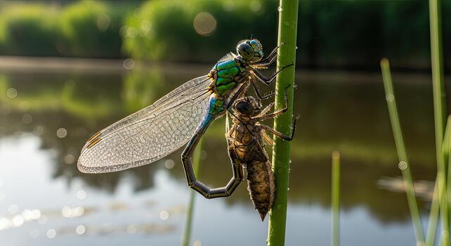 Emergence of a dragonfly from its nymphal skin on a reed. photo