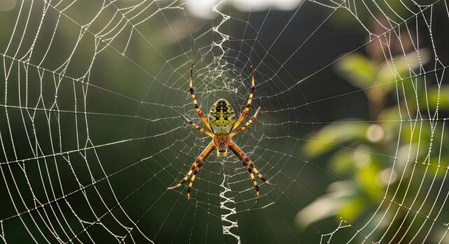 European Garden Spider in Web with Green Background. photo