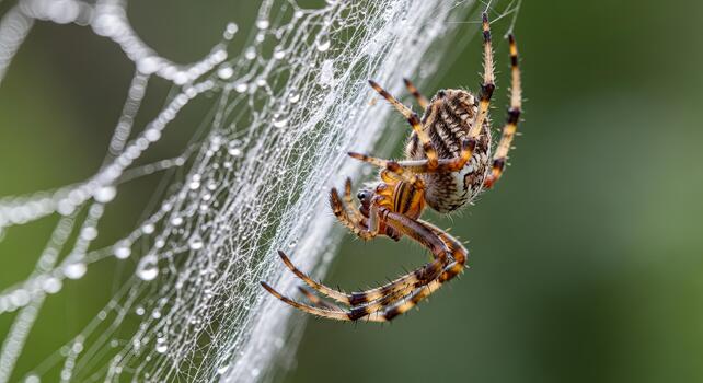 European garden spider weaving its web with dew drops. photo