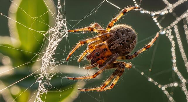 European garden spider weaving its web in a garden. photo