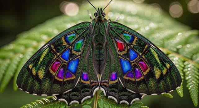 Exotic Butterfly with Vibrant Iridescent Wings Resting on Green Foliage. photo