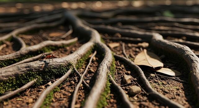 Exposed Tree Roots on Forest Floor with Moss and Leaf. photo