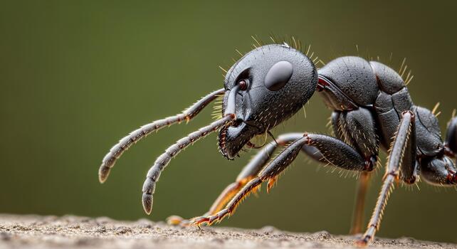 Extreme Close Up Macro Shot of a Black Ant on a Textured Surface with a Blurred Green Background. photo