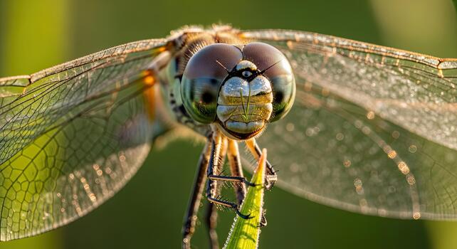 extremo cerca arriba de un libélulas cara y alas en natural luz de sol. foto