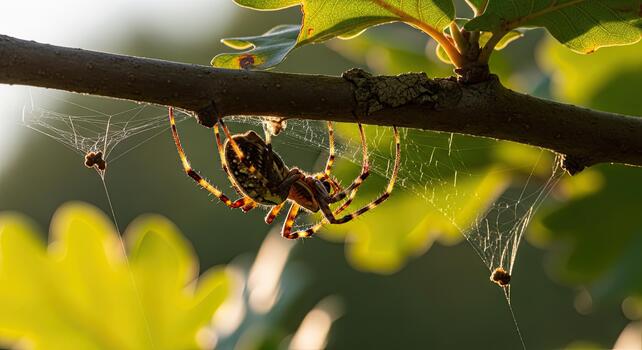 Garden spider hanging from its intricate web on a sunlit tree branch. photo
