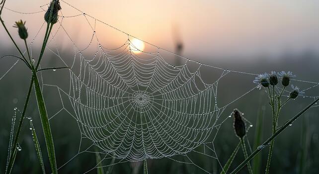 Glistening spiderweb with dew drops at sunrise in a misty meadow. photo