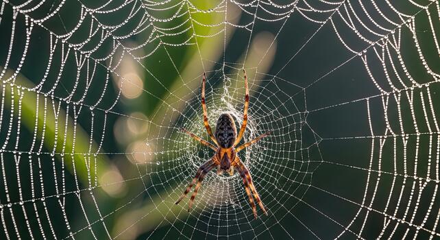 Garden Spider Resting in the Center of a Dew Covered Web. photo