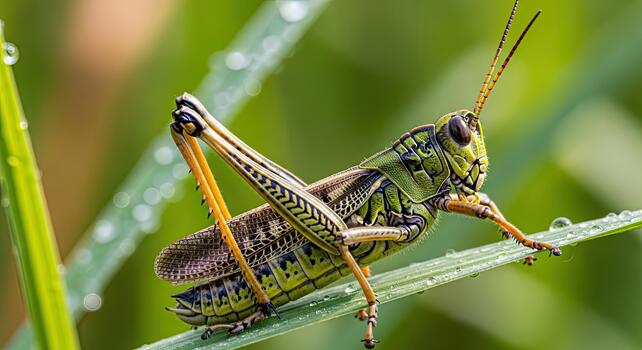 Grasshopper resting on a blade of grass in a field. photo