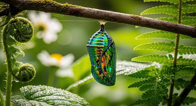 Green Butterfly Chrysalis Hanging from Branch in Lush Forest. photo