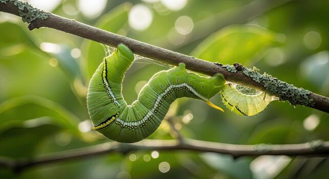 Green caterpillar clinging to a branch in a lush garden. photo