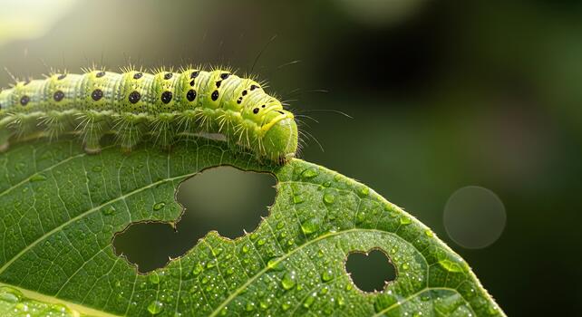 Green caterpillar devouring a leaf with holes in a garden. photo